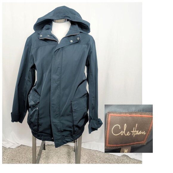 Cole Haan Rain Coat Jacket Medium Blue Hood - Picture 1 of 12
